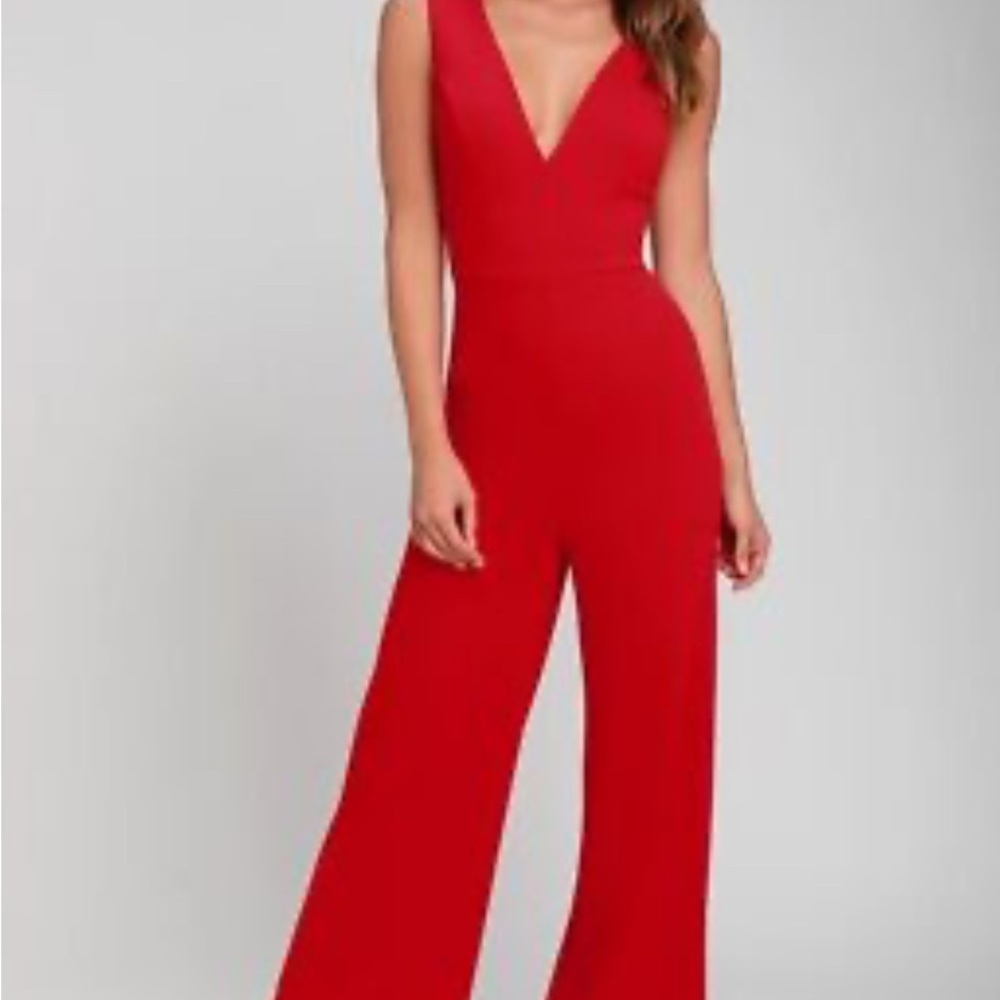 Lulu's Vibrant Red V-Neck Jumpsuit